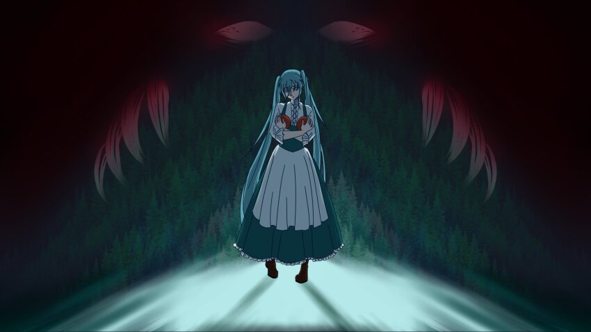 apple apron aqua_dress aqua_eyes aqua_hair bear blank_eyes blouse boots brown_footwear claws dress eve_moonlit evillious_nendaiki fingernails food forest frilled_cuffs frilled_shirt frilled_sleeves frills fruit hatsune_miku head_tilt highres holding holding_food holding_fruit lexsi0maxel long_hair moonlit_bear_(vocaloid) nature overall_skirt pigeon-toed pinafore_dress apple sharp_fingernails shirt sleeveless sleeveless_dress tree twintails very_long_hair vocaloid white_apron white_shirt