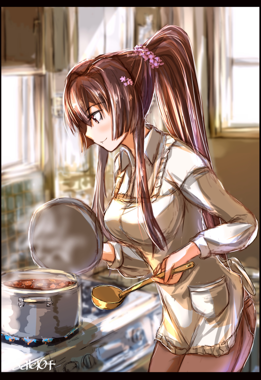 alternate_costume apron brown_hair cherry_blossoms cooking_pot flower food hair_flower hair_ornament highres housewife kantai_collection kitchen ladle light_rays long_hair pocket seitei_(04seitei) stew stove sunbeam sunlight very_long_hair white_apron yamato_(kancolle)