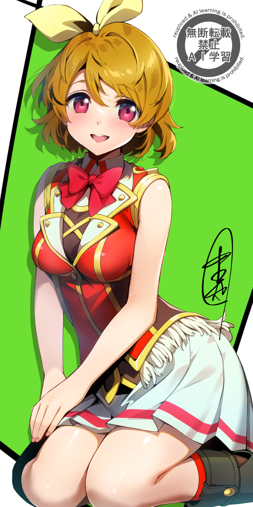1girl :d absurdres bare_shoulders blush bob_cut bokura_no_live_kimi_to_no_life border bow bowtie breasts brown_hair collared_shirt commentary_request green_background hair_intakes highres jacket koizumi_hanayo looking_at_viewer love_live! love_live!_school_idol_project medium_breasts miniskirt nakano_maru official_alternate_costume open_mouth outside_border pleated_skirt red_bow red_bowtie red_jacket shirt short_hair signature simple_background sitting skirt sleeveless sleeveless_jacket smile solo watermark white_border