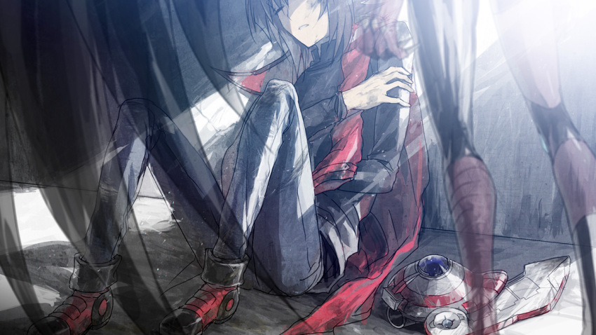 1boy 1other black_footwear blue_pants brown_hair closed_eyes concrete dappled_sunlight demon_wings duel_disk duel_monster facing_to_the_side hand_on_own_arm hand_on_own_stomach in_shadow jacket jacket_on_shoulders knees_up leaning_back light_rays looking_to_the_side moribuden on_ground open_clothes open_jacket outdoors pants red_jacket resting sitting_in_shadow sunlight wings yu-gi-oh! yu-gi-oh!_gx yubel yuki_judai
