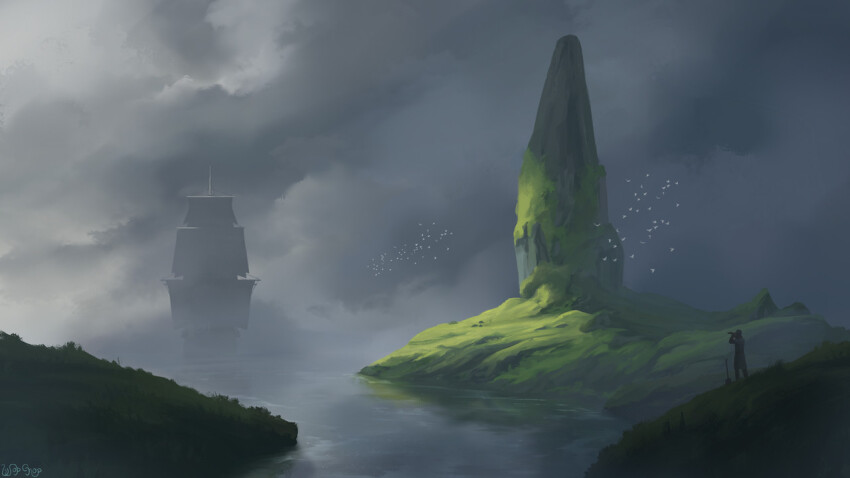 1boy bird cloud cloudy_sky commentary english_commentary flock fog from_behind grass landscape ocean original painterly river rock sailing_ship scenery ship sky water watercraft wopgnop