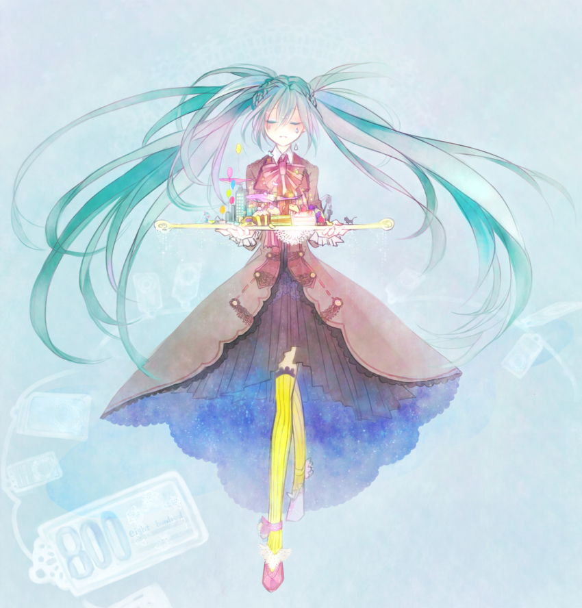 10t 10t_(1010) 1girl aqua_hair closed_eyes female_focus hatsune_miku highres long_hair plate solo striped_clothes striped_thighhighs tears thighhighs tray twintails vertical-striped_clothes vertical-striped_thighhighs very_long_hair vocaloid yellow_thighhighs