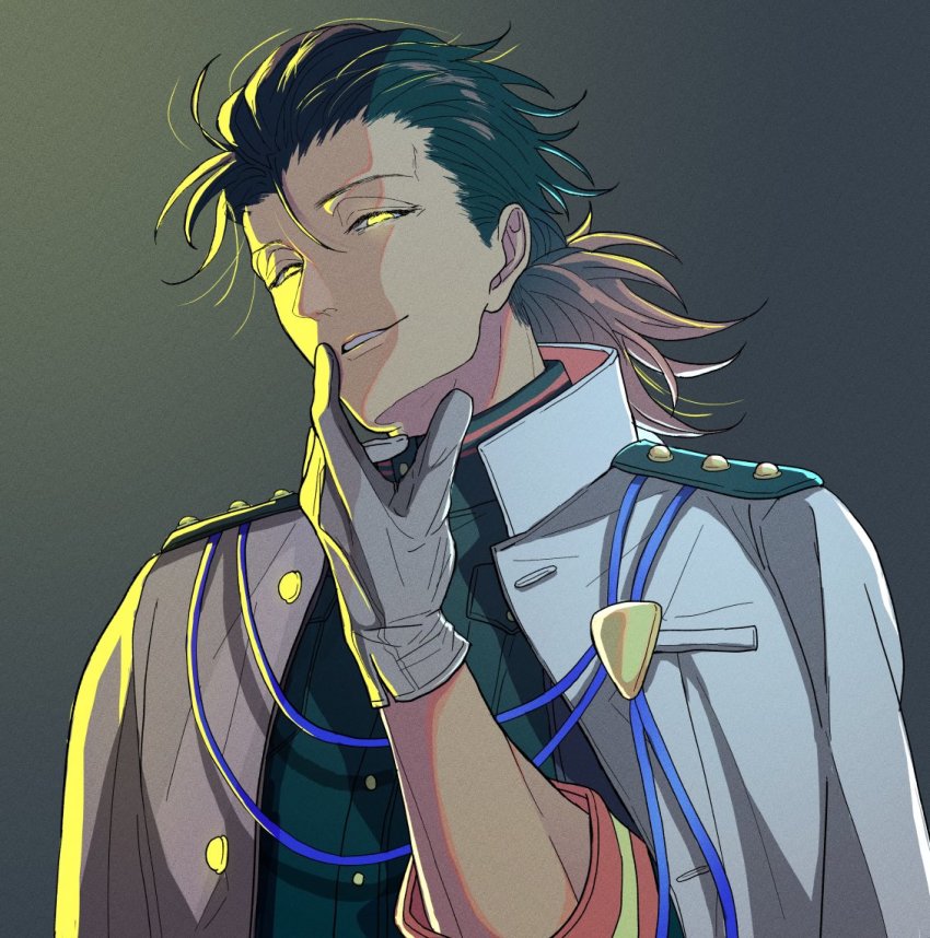 1boy black_hair fate/grand_order fate_(series) gloves glowing glowing_eyes gradient_hair green_jacket grey_background hair_slicked_back hair_strand hand_on_own_face jacket jacket_on_shoulders kimiruun long_hair looking_at_viewer low_ponytail male_focus multicolored_hair parted_lips ponytail sakamoto_ryouma_(fate) sakamoto_ryouma_(lancer)_(fate) smirk solo three-quarter_sleeves upper_body white_gloves white_jacket yellow_eyes