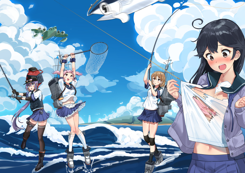 4girls absurdres aircraft airplane akebono_(kancolle) akebono_(saury_festival)_(kancolle) akebono_kai_ni_(kancolle) apron bandaid bandaid_on_face bell black_hair black_thighhighs black_vest blue_eyes blue_sailor_collar blue_skirt blue_sky bow bow_bra bra butterfly_net cardigan cloud collar cowboy_shot day fish fishing fishing_rod flower flying_boat frilled_collar frills full_body h8k hair_bell hair_bobbles hair_flower hair_ornament hand_net highres jingle_bell kantai_collection knee_pads long_hair machinery multiple_girls oboro_(kancolle) oboro_kai_(kancolle) official_alternate_costume open_cardigan open_clothes osananajimi_neko outdoors pink_bra pink_eyes pink_hair pleated_skirt puffy_short_sleeves puffy_sleeves purple_cardigan purple_eyes purple_hair sailor_collar sazanami_(kancolle) sazanami_kai_(kancolle) school_uniform seaplane serafuku shirt_tug short_hair short_sleeves side_ponytail skirt sky smokestack standing tearing_clothes thighhighs torn_clothes tuna twintails underwear ushio_(kancolle) very_long_hair vest waist_apron white_apron wrist_cuffs