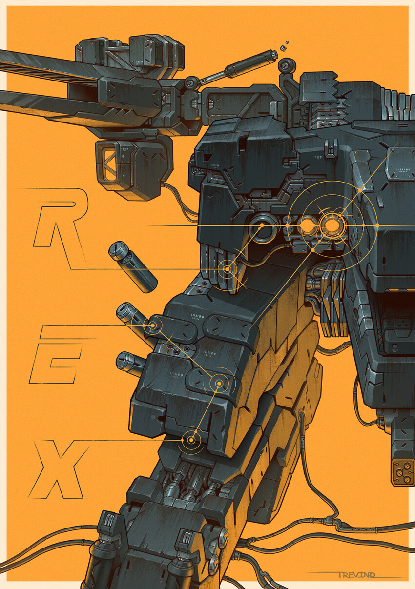 cable cannon character_name commentary english_commentary highres machinery magnetic_weapon mecha mecha_focus metal_gear_(series) metal_gear_rex metal_gear_solid missile no_humans poster_(medium) railgun robbie_trevino robot science_fiction shinkawa_youji_(style) signature walker_(robot)
