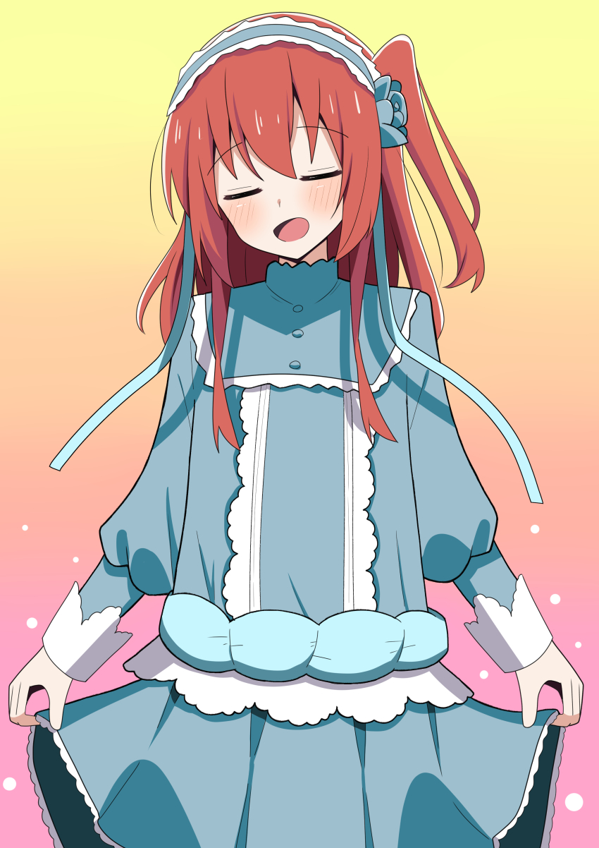 1girl absurdres alternate_costume blue_dress blue_flower blue_headband blue_ribbon blush bocchi_the_rock! cardcaptor_sakura closed_eyes commission cosplay costume_switch curtsey dress flower frilled_dress frills gradient_background headband highres holding hosinonana kinomoto_sakura kinomoto_sakura_(cosplay) kita_ikuyo lace long_hair long_sleeves open_mouth pixiv_commission puffy_sleeves ribbon skirt smile solo