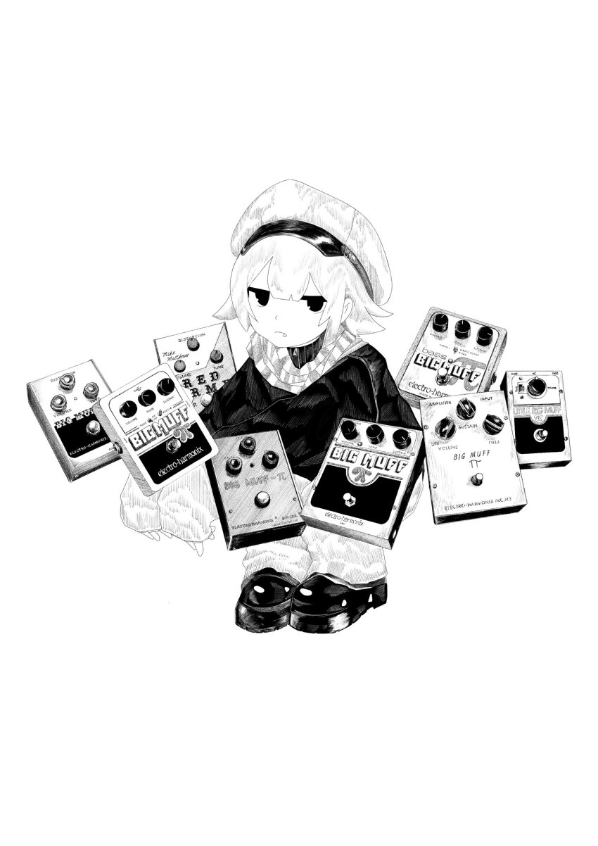 11e_(yuu) 1girl closed_mouth effects_pedal flipped_hair greyscale hat highres jacket long_sleeves looking_at_viewer monochrome newsboy_cap original pants scarf shoes short_hair sleeves_past_wrists solo squatting striped_clothes striped_scarf vertical-striped_clothes vertical-striped_scarf