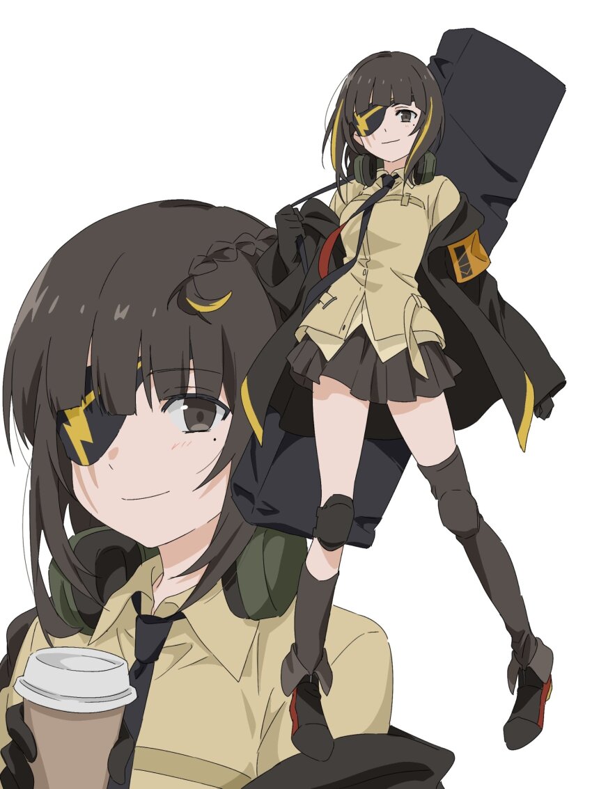 1girl armband black_footwear black_gloves black_jacket black_necktie black_skirt black_socks black_thighhighs blonde_hair blunt_bangs blush braid breasts brown_eyes brown_hair collared_shirt commission cup disposable_coffee_cup disposable_cup dress_shirt eyepatch full_body girls&#039;_frontline gloves green_headphones headphones headphones_around_neck highres holding holding_cup jacket knee_pads kneehighs long_braid long_hair long_sleeves looking_at_viewer m16a1_(girls&#039;_frontline) medium_breasts multicolored_hair multiple_views necktie off_shoulder open_clothes open_jacket particle_cannon_case pleated_skirt second-party_source shirt sidelocks simple_background single_braid single_kneehigh single_sock single_thighhigh skirt smile socks standing streaked_hair teruya_(6w6y) thighhighs thighs very_long_hair white_background yellow_armband yellow_shirt