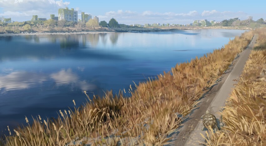 absurdres animal animal_focus blue_sky building cloud grass highres morning no_humans original outdoors river scenery sky sumassha_t_t tortoise turtle water