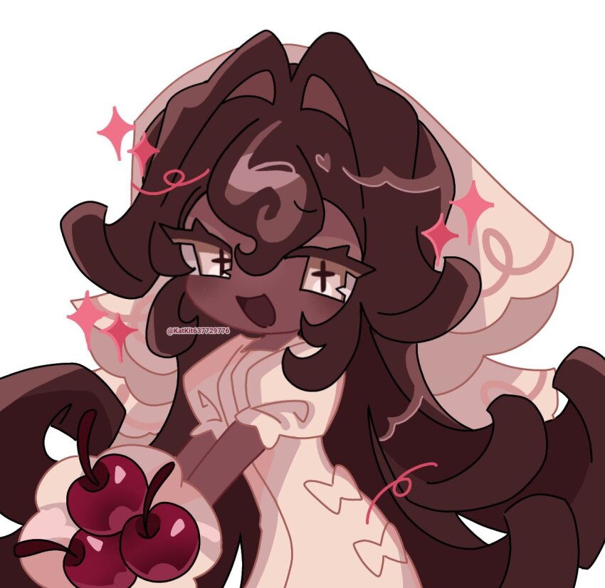 1girl black_forest_cookie bouquet bridal_veil brown_hair cherry cookie_run cookie_run:_kingdom cross-shaped_pupils dark-skinned_female dark_skin dress flower food fruit hair_between_eyes hair_intakes holding katkit637729776 long_hair looking_at_viewer puffy_short_sleeves puffy_sleeves short_sleeves solo symbol-shaped_pupils veil wedding_dress white_dress white_eyes