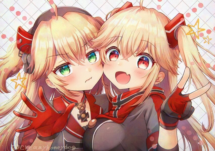 2girls admiral_hipper_(azur_lane) antenna_hair azur_lane blonde_hair bluecher_(azur_lane) breasts cross fingerless_gloves flag_print gloves green_eyes hair_between_eyes headgear iron_cross long_hair looking_at_viewer medium_breasts multicolored_hair multicolored_scarf multiple_girls open_mouth red_eyes scarf shindoi_akio siblings sisters streaked_hair two-tone_gloves v