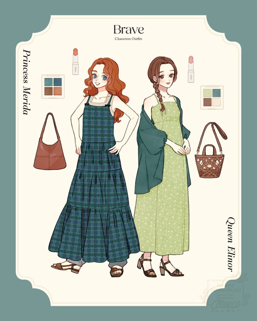 blue_eyes braid brave_(pixar) brown_hair contemporary curly_hair dress elinor_(brave) highres jewelry lips long_hair looking_at_viewer meecosme merida_(brave) mother_and_daughter multiple_girls orange_hair red_hair simple_background sleeveless smile