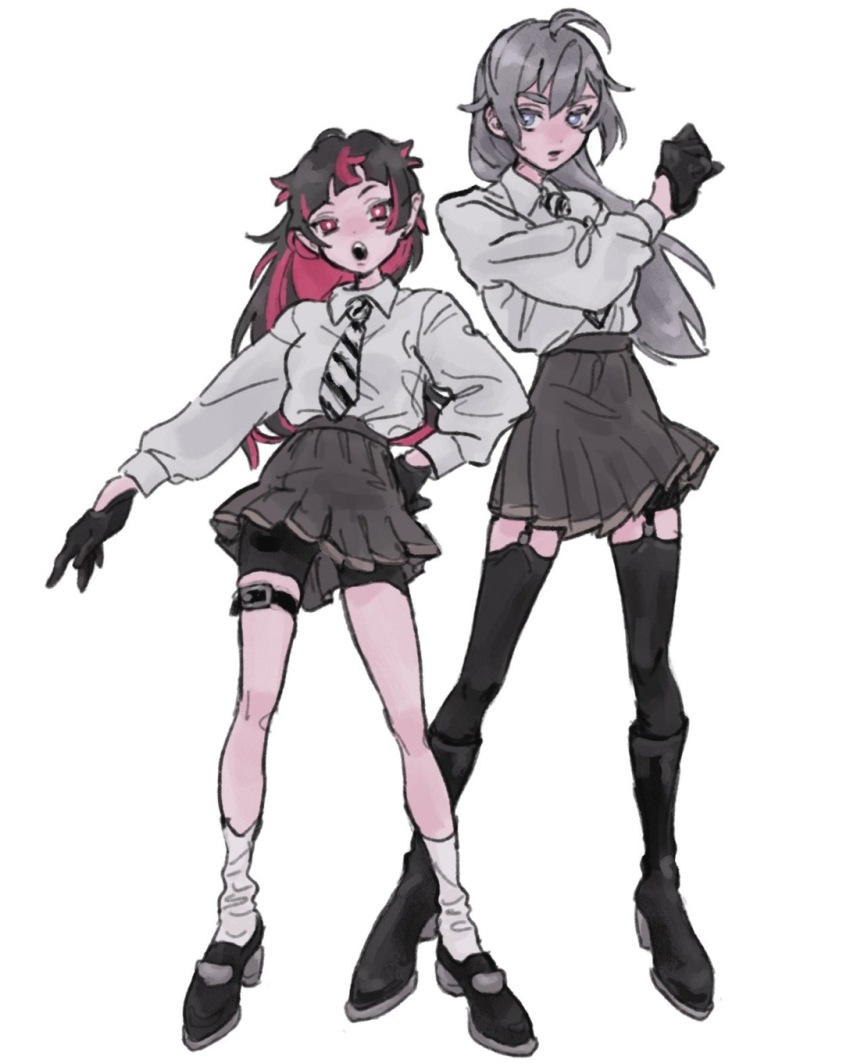 2girls :o ahoge ancosugar ankle_socks belt bike_shorts_under_skirt black_hair blue_eyes blunt_bangs boots breasts bright_pupils collared_shirt diagonal-striped_clothes diagonal-striped_necktie full_body garter_straps genderswap genderswap_(mtf) gloves grey_hair hair_between_eyes half_gloves hand_on_own_hip hand_up height_difference highres knee_boots lilia_vanrouge loafers long_hair long_sleeves looking_at_viewer medium_breasts mother_and_daughter multicolored_hair multiple_girls necktie night_raven_college_uniform open_mouth outstretched_arm parted_lips pink_eyes pink_hair pleated_skirt pointy_ears school_uniform serious shirt shirt_tucked_in shoes silver_vanrouge simple_background skirt socks striped_clothes thick_eyebrows thigh_belt thigh_strap thighhighs twisted_wonderland two-tone_hair white_background white_pupils