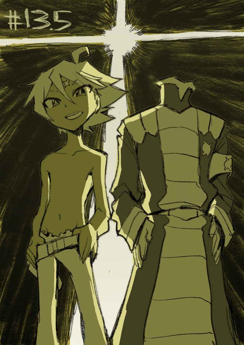 10s 2boys alpha_omega_nova armband belt blackholian bodysuit hands_on_own_hips headless highres imaishi_hiroyuki male_focus monochrome multiple_boys official_art scar simple_background smile spoilers torn_clothes uchuu_patrol_luluco yellow_background