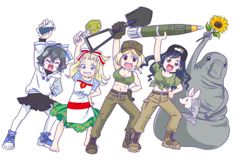 2others 4girls anonymous_(japanese) arm_up azov_battalion barefoot belarusian_flag belarusian_flag_print belt black_shirt black_sweater blonde_hair blouse blue_eyes blue_shirt blue_shoes blue_stripes bob_cut boots bow breasts brown_boots brown_eyes brown_pants cargo_pants cigarette cleavage closed_eyes crop_top dress gloves green_gloves green_hair green_shirt green_tank_top grin hair_between_eyes hair_ribbon hand_on_own_hip hat holding holding_knife holding_missile holding_phone holding_shovel holding_sunflower homunculus_loxodontus hood hoodie jacket japanon knife kraken_(japanon) large_breasts leaning_to_the_side lera_(sighttobehold) long_hair looking_at_viewer marichka medium_breasts midriff military military_uniform miniskirt multiple_girls multiple_others navel open_mouth original outstretched_arm pants pantyhose paulinka_(japanon) peaked_cap phone pinafore_dress pleated_skirt red_stripes ribbon russian_anti-war_flag russo-ukrainian_war schweinokaras sharp_teeth shirt shirt_bow shoes short_hair shovel skirt sleeveless sleeveless_dress smile sneakers squid_print stomach swastika_tattoo sweater tank_top tattoo teeth toes tongue turtleneck turtleneck_sweater ukraine upper_teeth_only white_hoodie white_pantyhose
