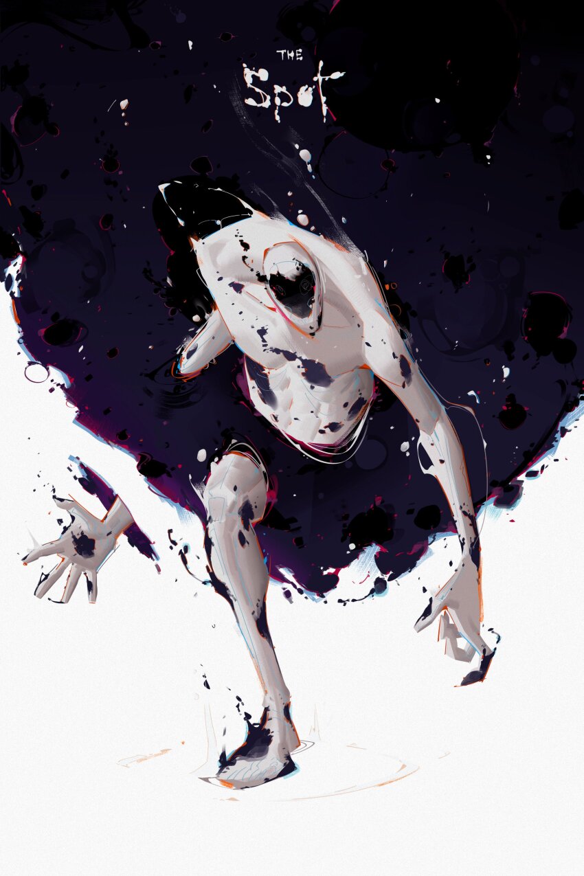 1boy abs absurdres character_name collarbone colored_skin commentary dissolving distortion english_commentary english_text faceless faceless_male facing_viewer film_grain full_body highres ink male_focus marvel monster_boy open_hand patrick_ganas portal_(object) ripples simple_background solo spider-man:_across_the_spider-verse spider-man_(series) spider-verse spot_(marvel) white_background white_skin