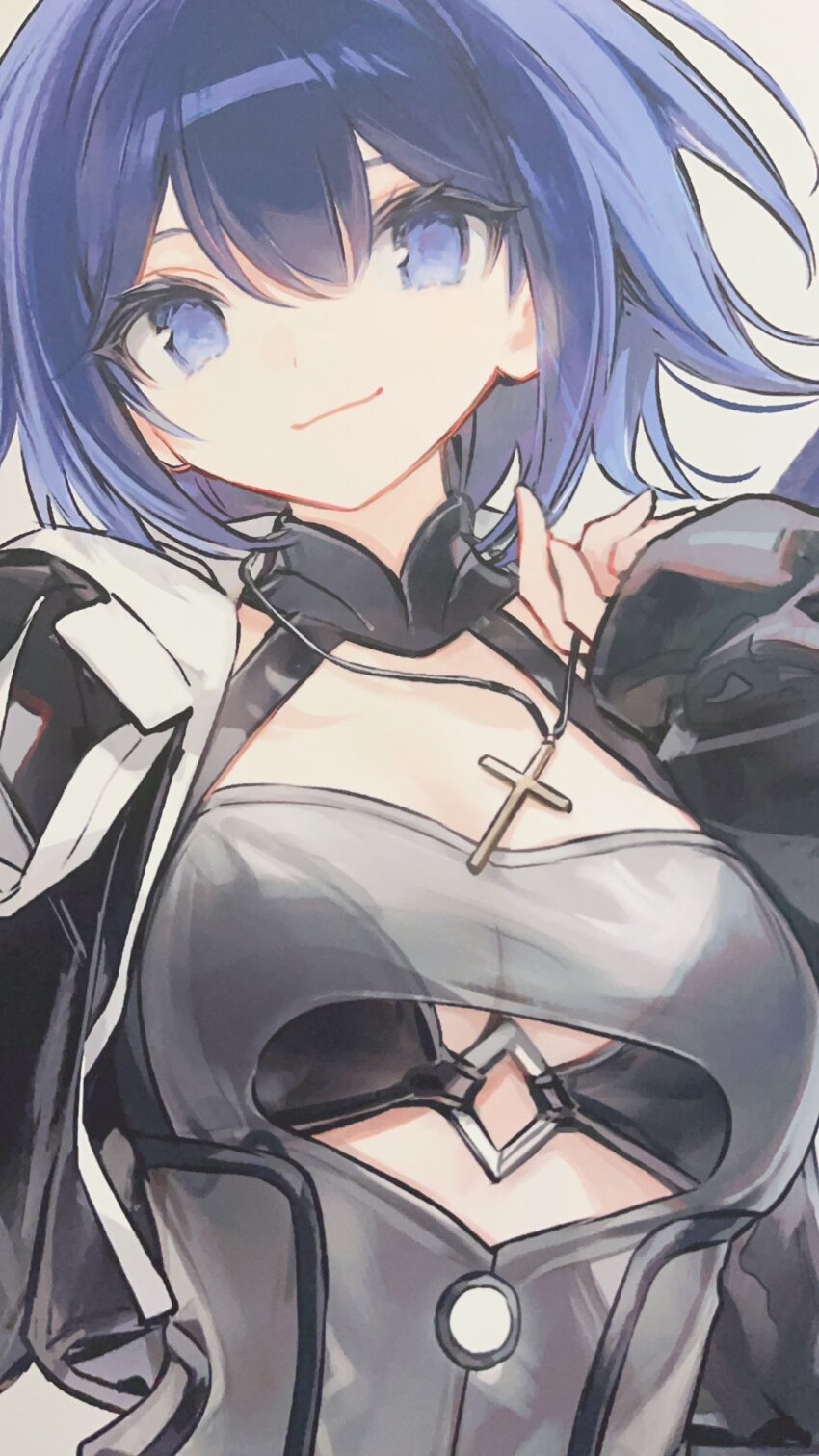 1girl bikini bikini_under_clothes black_bikini black_jacket blue_eyes blue_hair breasts c.i.e.l_(fate) c.i.e.l_(first_ascension)_(fate) chocoan ciel_(tsukihime) cropped_jacket cross cross_necklace dress_swimsuit fate/grand_order fate_(series) grey_one-piece_swimsuit highres jacket jewelry large_breasts long_sleeves looking_at_viewer necklace one-piece_swimsuit short_hair smile solo swimsuit