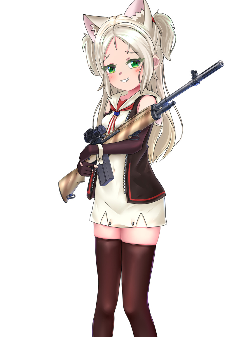 1girl american_flag american_flag_neckwear american_flag_print animal_ear_fluff animal_ears azur_lane battle_rifle black_gloves blush breasts brown_thighhighs cat_ears commentary_request cowboy_shot cuff_links dedorudy dress elbow_gloves fingerless_gloves flag_print gloves green_eyes grin gun hair_tie highres long_hair looking_at_viewer m14 magazine_(weapon) neckerchief necktie open_clothes open_mouth open_vest print_neckerchief print_necktie raised_eyebrows rifle scope simple_background sims_(azur_lane) skindentation sleeveless sleeveless_jacket small_breasts smile smug solo teeth thighhighs two_side_up unzipped vest weapon white_background white_hair zettai_ryouiki