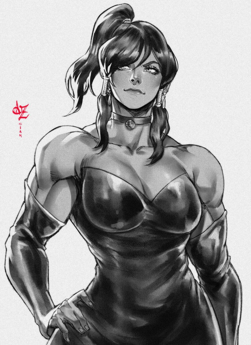 absurdres avatar_legends az_ciam black_dress breasts choker cleavage dress elbow_gloves gloves greyscale hand_on_own_hip highres korra large_breasts long_hair monochrome muscular muscular_female ponytail signature smile solo the_legend_of_korra