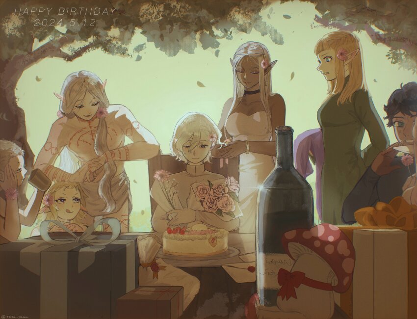 3boys 5girls :q androgynous arm_behind_back arm_tattoo bare_shoulders birthday_cake black_choker black_hair blonde_hair blue_eyes blunt_bangs bottle bouquet box bracelet cake chair chest_tattoo choker cithis closed_eyes collarbone cup dated dress dungeon_meshi elf envelope falling_leaves fleki flower food full-body_tattoo gift gift_bag gift_box glint green_dress grey_hair group_picture hair_flower hair_ornament happy_birthday highres holding holding_bouquet holding_cup jewelry kabru leaf leaning_forward leg_tattoo loincloth long_hair lycion mithrun momite_(3sita_yarou) multiple_boys multiple_girls on_chair otta_(dungeon_meshi) outdoors own_hands_together pattadol pink_flower pink_rose plate pointy_ears rose short_hair side_ponytail sitting sky smile strapless strapless_dress table tattoo tongue tongue_out topless_male tree uneven_eyes walking_mushroom_(dungeon_meshi) white_dress white_hair wine_bottle yellow_sky
