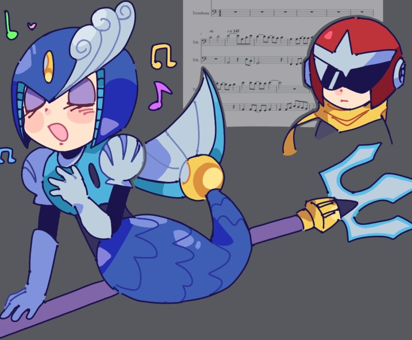 1boy 1girl android closed_eyes helmet koasku mega_man_(classic) mega_man_(series) mermaid monster_girl music proto_man robot singing splash_woman