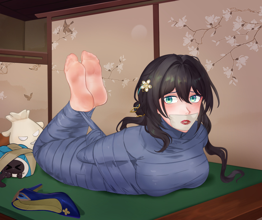 1girl absurdres aqua_eyes arms_behind_back bare_shoulders bdsm black_hair bondage bound breasts commentary_request gag gagged highres hogtie honkai:_star_rail honkai_(series) improvised_gag indoors long_hair looking_at_viewer lying medium_breasts mummification_(bound) on_stomach ruan_mei_(honkai:_star_rail) solo tape tape_gag thighs yuehei_dao