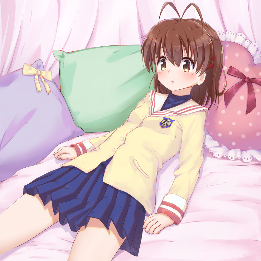 1girl absurdres antenna_hair blue_skirt brown_eyes brown_hair clannad commentary emblem english_commentary furukawa_nagisa highres hikarizaka_private_high_school_uniform jacket lying on_bed paid_reward_available parted_lips petals pillow pleated_skirt sailor_collar school_uniform serafuku short_hair skirt sleeves_past_wrists solo twintails_(mantids) white_sailor_collar