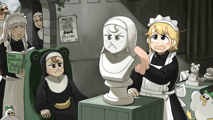4girls banana bird blonde_hair blue_eyes book brown_eyes brown_hair bust_(sculpture) chicken clumsy_nun_(diva) commentary diva_(hyxpk) duck english_commentary food freckles frog_headband froggy_nun_(diva) fruit grey_hair habit highres little_nuns_(diva) long_hair maid maid_headdress multiple_girls nun ostrich poster_(object) sheep_nun_(diva) short_hair slice_of_life strict_nun_(diva) traditional_nun