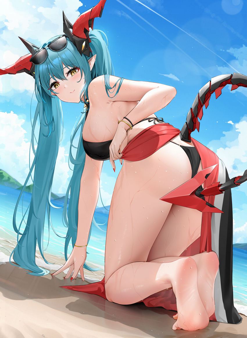 1girl aqua_hair azur_lane black_one-piece_swimsuit blue_sky breasts choker convenient_censoring dragon_girl dragon_horns dragon_tail eyewear_on_head highres horns kneeling large_breasts long_hair looking_at_viewer mechanical_horns mechanical_tail ocean one-piece_swimsuit pointy_ears qing_wu regensburg_(azur_lane) regensburg_(dark_dragon_brilliant_beach)_(azur_lane) sand sarong sky slingshot_swimsuit solo spiked_choker spikes sunglasses swimsuit tail yellow_eyes