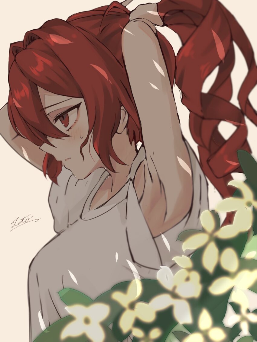 1girl armpits blurry blurry_foreground blush depth_of_field drill_hair from_side hair_between_eyes hashtag-only_commentary highres kasane_teto profile ramie_li red_eyes red_hair shirt signature solo sweatdrop twin_drills tying_hair utau white_shirt