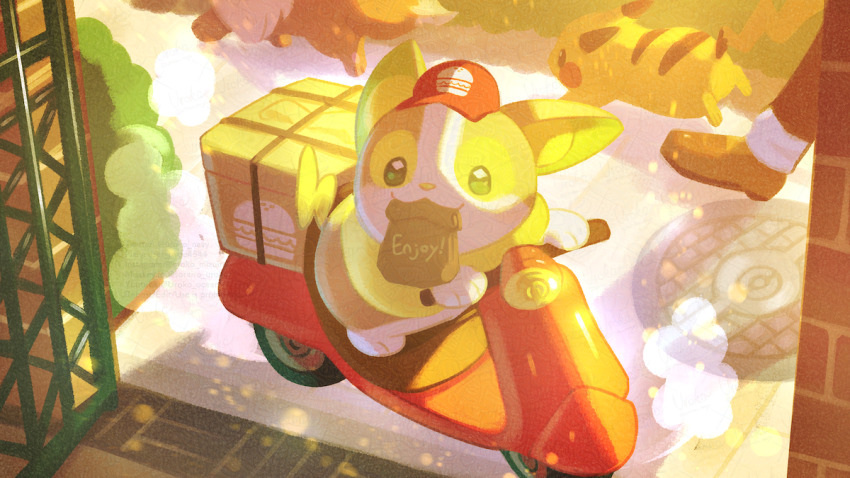 1boy bag box brown_shoes delivery eevee game_freak gen_1_pokemon gen_8_pokemon green_eyes hat holding looking_up mixed-language_commentary mouth_hold nintendo on_scooter pants paper_bag pikachu pokemon pokemon_(creature) red_hat shoes smile uroko_(rwde4544) yamper