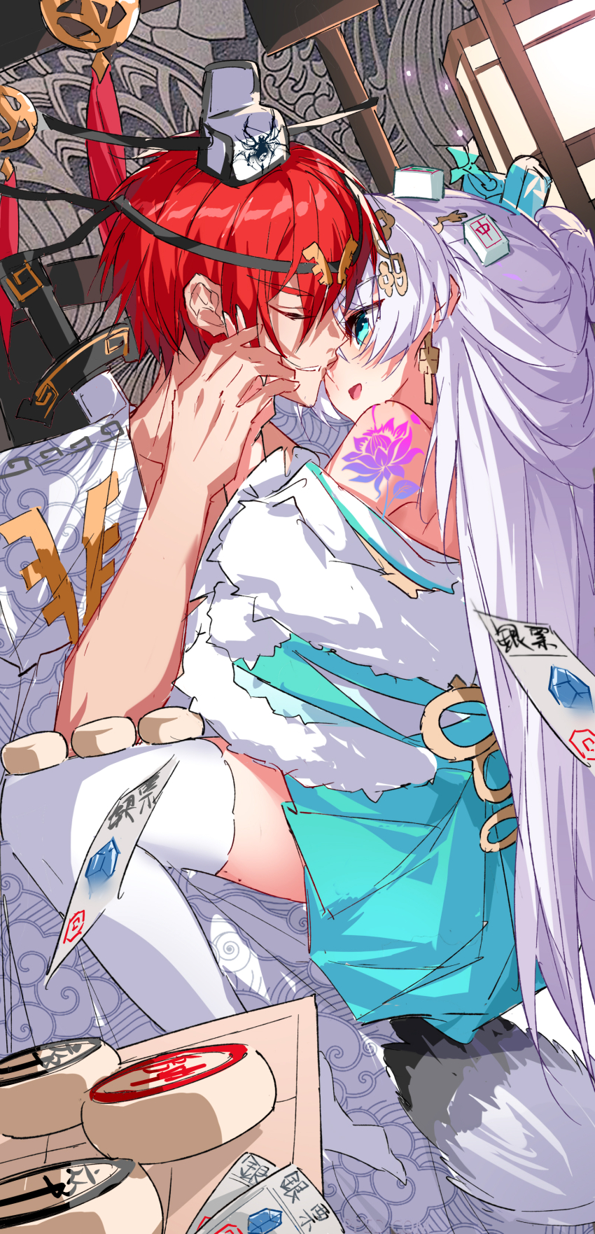 1boy 1girl :d absurdres aqua_eyes captain_(honkai_impact) china_dress chinese_clothes closed_mouth dress earrings evzeva grin hair_ornament hand_fan hetero highres honkai_(series) honkai_impact_3rd jewelry long_hair mahjong mahjong_tile open_mouth red_hair shoulder_tattoo smile sword tattoo teeth theresa_apocalypse thighhighs very_long_hair weapon white_hair white_thighhighs xiangqi zhuge_kongming_(honkai_impact)