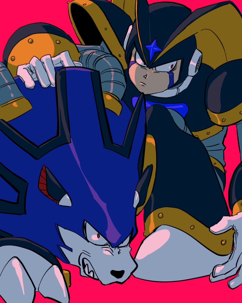 1boy android armor bass_(mega_man) black_armor black_helmet chest_jewel clenched_teeth closed_mouth dog evil_grin evil_smile facial_mark forehead_jewel grin hand_on_animal helmet highres iki_(4sarabyebye) jewelry looking_at_viewer looking_to_the_side mega_man_(classic) mega_man_(series) non-humanoid_robot pink_background red_eyes robot robot_animal robot_dog robot_ears shoulder_armor simple_background sitting smile standing teeth treble_(mega_man)