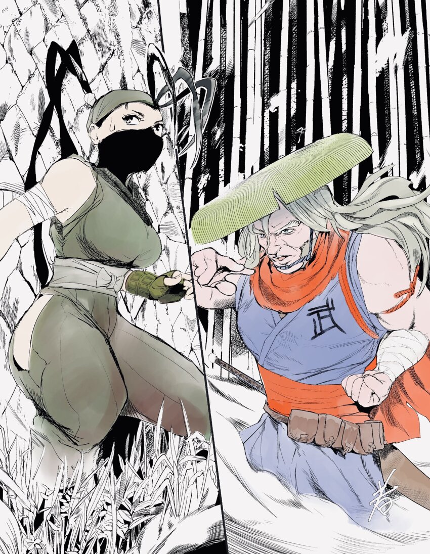 1girl _eyes ankle_wrap antenna_hair arm_guards bamboo bamboo_forest bandages bandana black_eyes black_hair bow breasts brick_wall clenched_hand forest full_body grey_hair hat hiding high_ponytail highres hip_vent hiroshi_mono ibuki_(street_fighter) japanese_clothes ninja long_hair mask monochrome_background mouth_mask nature ninja ninja_mask old old_man ponytail scarf sheath sheathed sideburns straw_hat street_fighter street_fighter_v waist_bow weapon weeds zeku