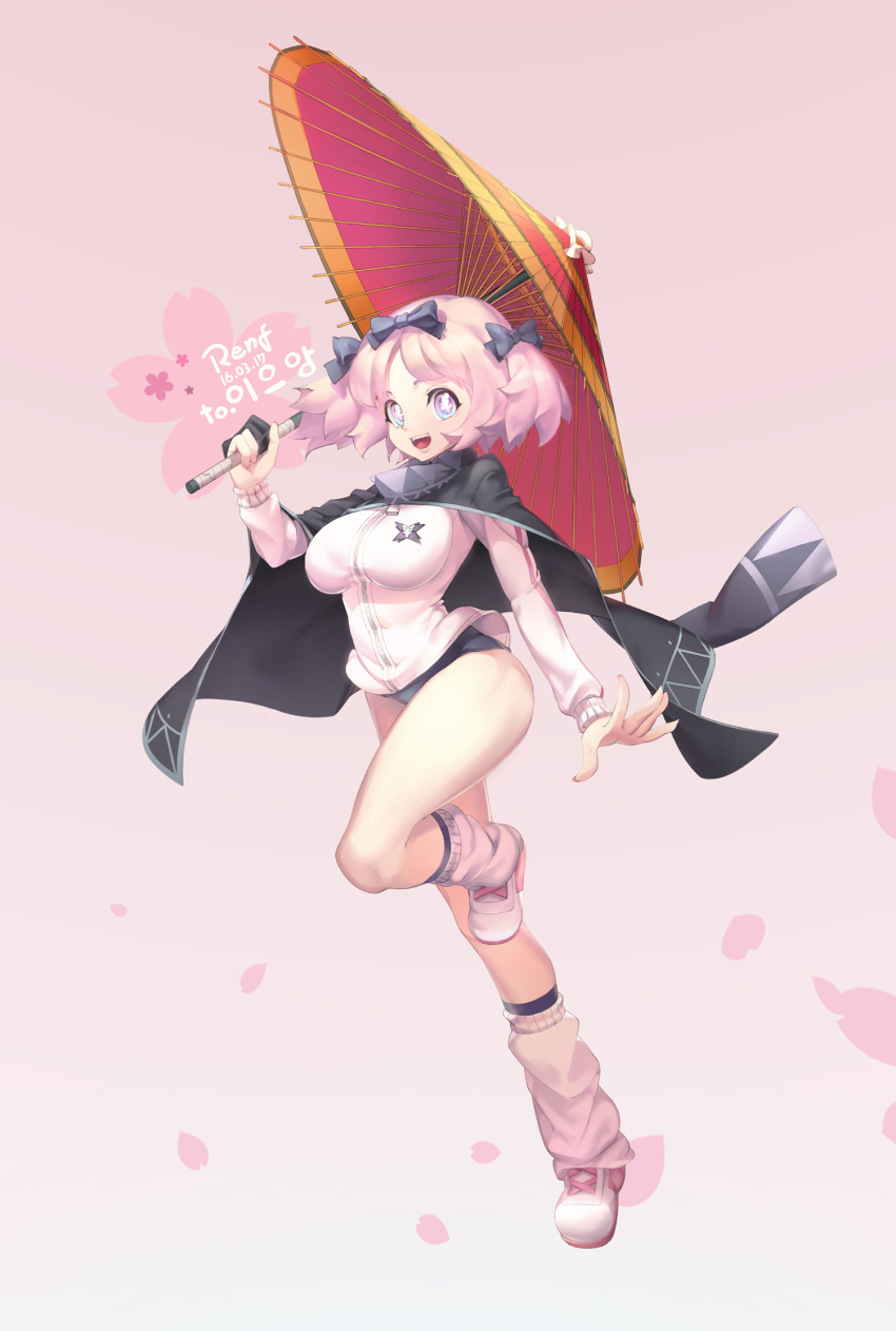 +_+ 10s 1girl accessories_switch blue_eyes bow breasts buruma cape female_focus hair_bow hibari_(senran_kagura) highres jacket large_breasts looking_at_viewer md5_mismatch open_mouth pink_hair renf_ran resolution_mismatch senran_kagura short_hair short_twintails smile solo source_larger symbol-shaped_pupils track_jacket twintails umbrella yagyu_(senran_kagura)