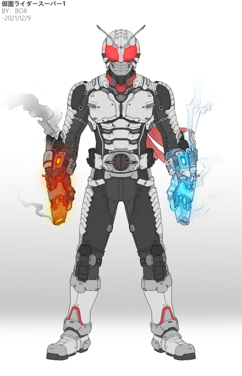 1boy antennae armor armored_boots black_bodysuit bodysuit boots chinese_commentary commentary_request full_body gauntlets glowing glowing_eyes grey_armor grey_boots highres ice kamen_rider kamen_rider_super-1 kamen_rider_super-1_(series) lava mask red_eyes rider_belt simple_background smoke solo white_armor white_background wrist_chain xiangzi_box