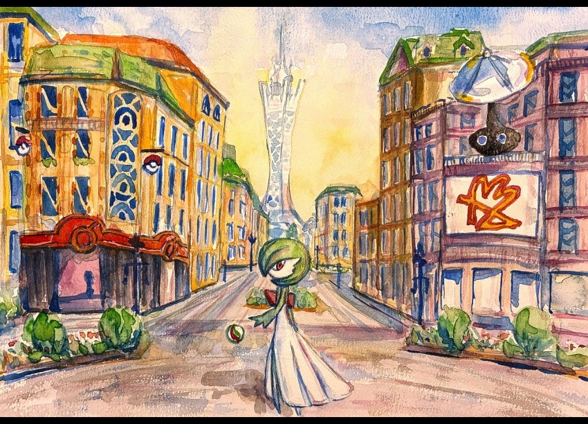 1girl arm_at_side blue_sky bob_cut bush city colored_skin day female_focus from_side full_body gardevoir gen_3_pokemon gradient_sky green_hair green_skin in-universe_location keishi_(pixiv_1245064) letterboxed looking_at_viewer mega_stone multicolored_skin nintendo no_feet outdoors painting_(medium) poke_ball_symbol pokemon pokemon_(creature) pokemon_center pokemon_legends:_z-a prism_tower profile red_eyes satellite_dish short_hair sky solo standing tower traditional_media two-tone_skin watercolor_(medium) white_skin yellow_sky