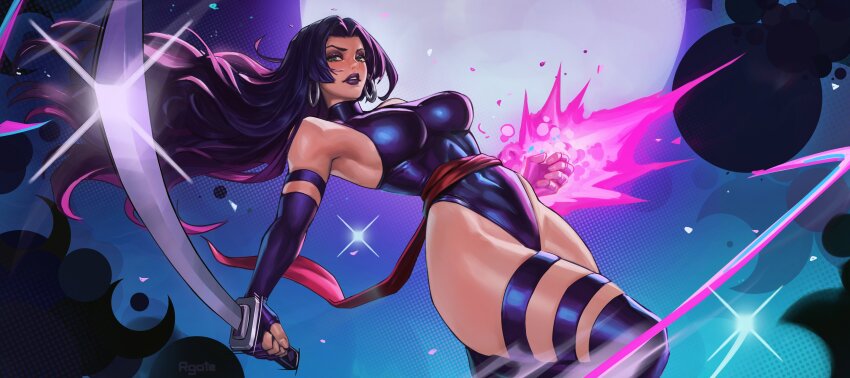 1girl absurdres arm_blade bare_shoulders black_bodysuit black_hair black_lips blue_background bodysuit breasts cowboy_shot earrings energy_blade full_moon glint highleg highleg_leotard highres holding holding_sword holding_weapon hoop_earrings jewelry katana large_breasts leotard marvel moon psylocke purple_lips rgate solo sword weapon x-men