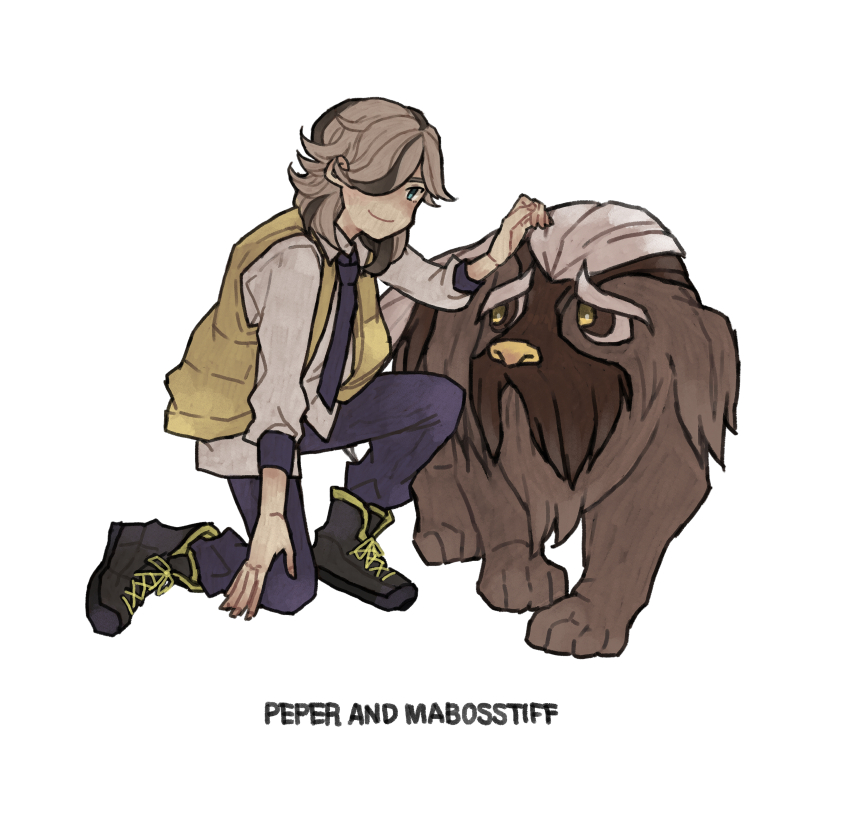 1boy absurdres arven_(pokemon) black_boots boots brown_hair character_name closed_mouth collared_shirt commentary_request hair_over_one_eye hand_up highres ichi_kawa_ichi mabosstiff male_focus medium_hair necktie nintendo on_one_knee open_clothes open_vest pokemon pokemon_(creature) pokemon_sv shirt smile vest white_background yellow_vest