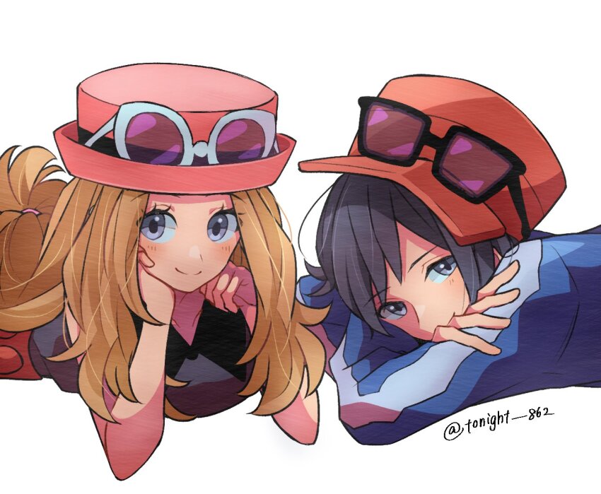1boy 1girl black_hair blonde_hair blue_eyes blue_jacket blush breasts brown_hair calem_(pokemon) closed_mouth eyelashes eyewear_on_headwear hat jacket long_hair long_sleeves looking_at_viewer lying nintendo on_stomach pink_hat pokemon pokemon_xy rain_(tonight_862) red_hat red_skirt serena_(pokemon) shirt short_hair skirt sleeveless sleeveless_shirt smile sunglasses upper_body white-framed_eyewear