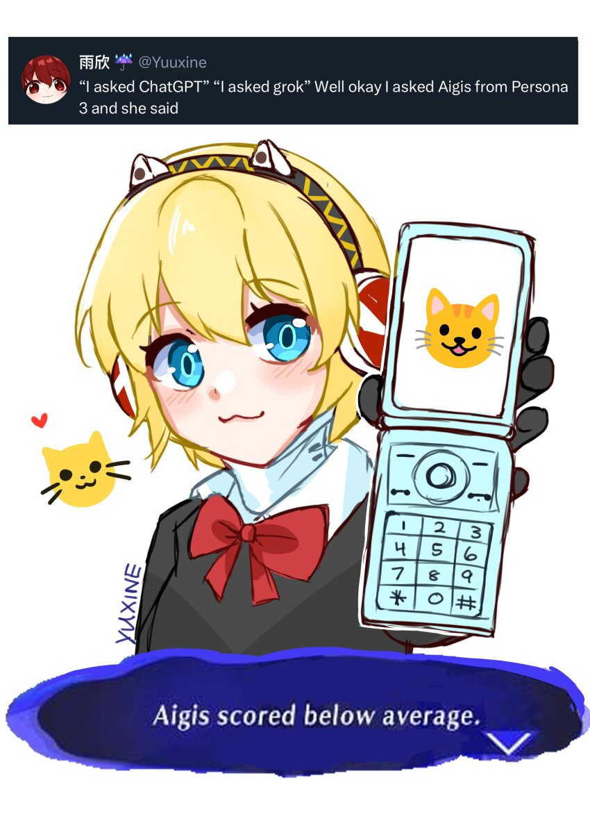 1girl :3 absurdres aigis_(persona) android artist_name blonde_hair blue_eyes bow bowtie cat_emoji cellphone emoji english_text flip_phone gekkoukan_high_school_uniform heart highres holding holding_phone persona persona_3 phone red_bow red_bowtie robot_ears robot_girl school_uniform smile twitter_screenshot yuxine