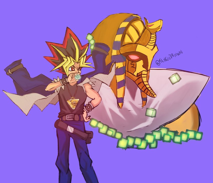 absurdres armor belt coat coat_on_shoulders digimon highres millennium_puzzle muto_yugi pharaohmon red_eyes yu-gi-oh!