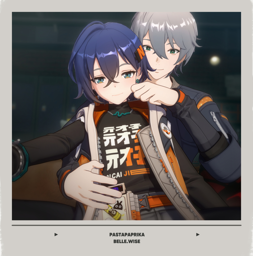 1boy 1girl 3d artist_name belle_(zenless_zone_zero) black_jacket black_shirt blue_hair blue_jacket brother_and_sister cheek_pinching closed_mouth commentary couch crossed_bangs green_eyes grey_hair hair_between_eyes hand_on_another&#039;s_cheek hand_on_another&#039;s_face highres hood hooded_jacket hug hug_from_behind jacket looking_at_viewer on_couch pastapaprika pinching selfie shirt siblings smile symbol-only_commentary wise_(zenless_zone_zero) zenless_zone_zero