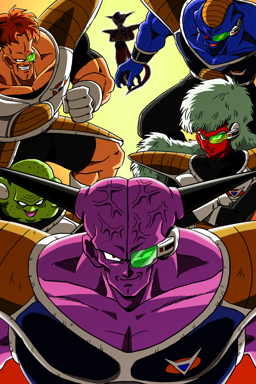 &gt;:) &gt;:d 1st_form_frieza 6+boys :d armor blue_skin body_armor brown_hair burter captain_ginyu clenched_hand colored_skin dragon_ball dragonball_z frieza ginyu_force gloves green_eyes green_skin grin guldo highres iron_tonic jeice long_hair looking_at_viewer male_focus multiple_boys muscular open_mouth purple_skin recoome red_eyes red_skin scouter shinomiya_akino smile spikes tail teeth v-shaped_eyebrows veins white_hair