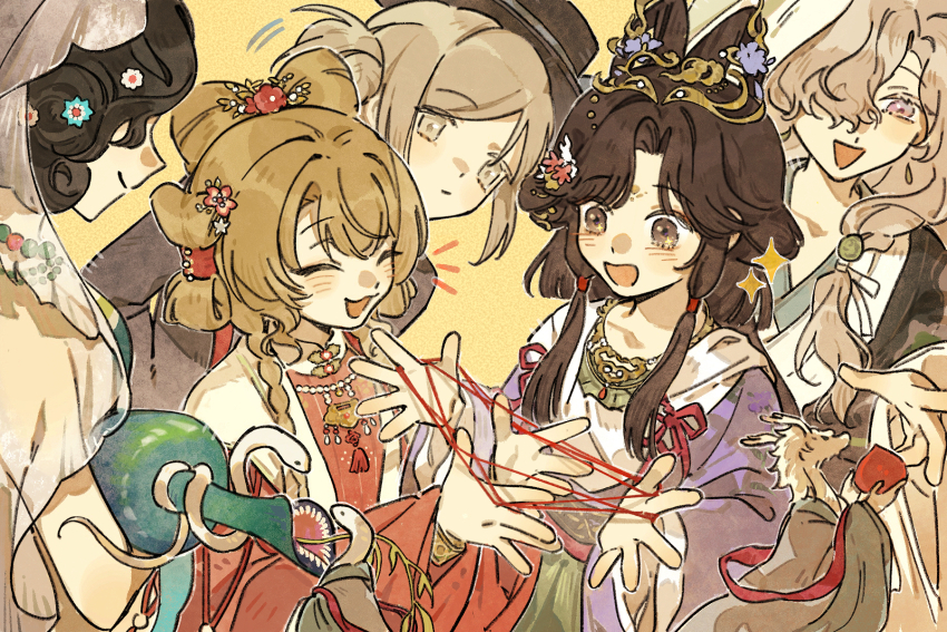 5girls :d ^_^ black_coat black_eyes black_hair black_hat blonde_hair bottle cat&#039;s_cradle chinese_clothes closed_eyes coat dragon facial_mark feixianji_(hairstyle) flower food forehead_mark fruit giving grey_eyes grey_hair hair_bun hair_flower hair_ornament hair_over_one_eye hands_up hanfu hat highres holding holding_bottle holding_food holding_fruit huadian jiu_niangzi jiu_niangzi_(blossom_spring_fairy) leaning_to_the_side long_hair long_sleeves looking_at_another multiple_girls official_alternate_costume official_art one_eye_covered open_hand open_mouth parted_bangs peach pink_flower pink_hanfu profile purple_eyes purple_flower purple_hanfu reverse:1999 short_hair shuangyaji single_side_bun smile snake sotheby sotheby_(the_red_thread_of_fate) tuesday_(reverse:1999) tuesday_(story_of_the_jade_vase)_(reverse:1999) upper_body veil vertin_(reverse:1999) white_hanfu white_veil windsong_(records_from_the_jade_hunt)_(reverse:1999) windsong_(reverse:1999) yellow_background
