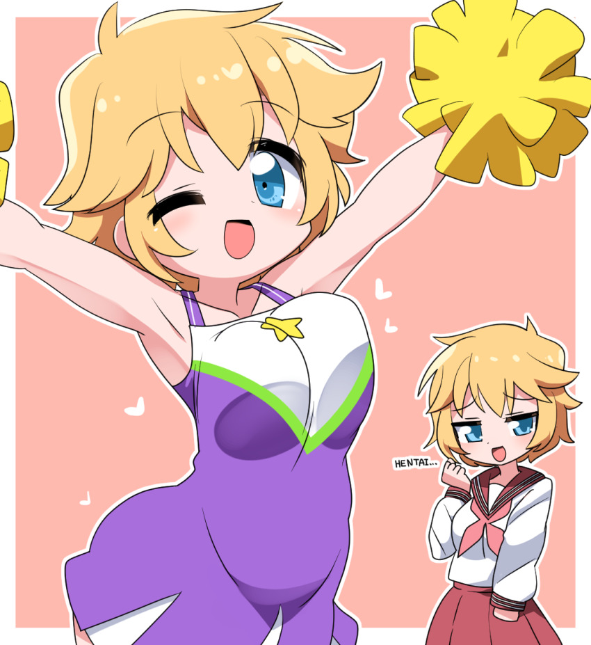 1girl :d blonde_hair blue_eyes blush breasts cheerleader commentary cowboy_shot dress highres large_breasts lets0020 looking_at_viewer lucky_star neckerchief one_eye_closed open_mouth patricia_martin pink_background pink_neckerchief pom_pom_(cheerleading) purple_dress red_sailor_collar red_skirt ryouou_school_uniform sailor_collar school_uniform serafuku shirt short_hair skirt smile two-tone_background white_shirt