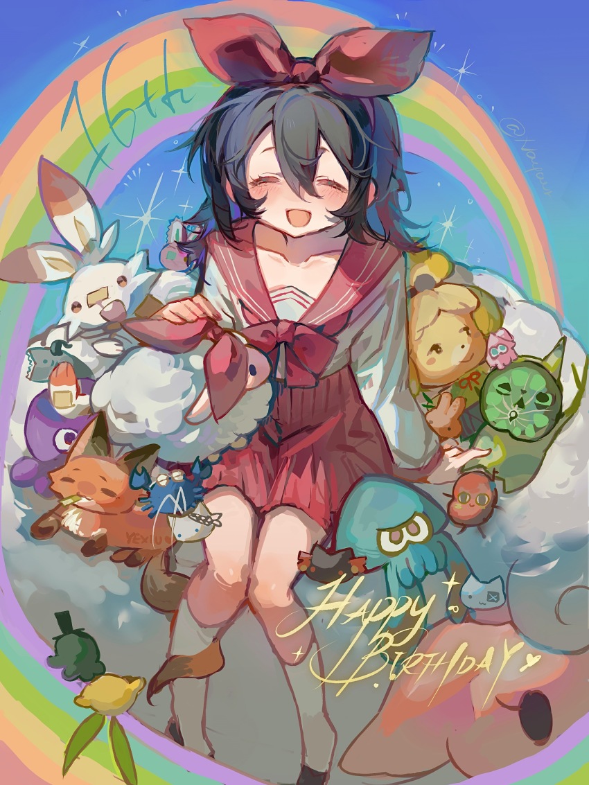 1girl absurdres animal_crossing birthday black_hair blush borrowed_character bow bowtie cameo character_request chinese_commentary closed_eyes colorful commentary_request copyright_request creatures_(company) game_freak gen_8_pokemon hair_bow happy_birthday hello_kitty hello_kitty_(character) highres inkling inkling_player_character isabelle_(animal_crossing) korok nintendo open_mouth original pokemon rainbow red_bow red_bowtie red_skirt sanrio school_uniform scorbunny serafuku shixiaoqina sitting skirt smile solo splatoon_(series) stuffed_animal stuffed_toy the_legend_of_zelda