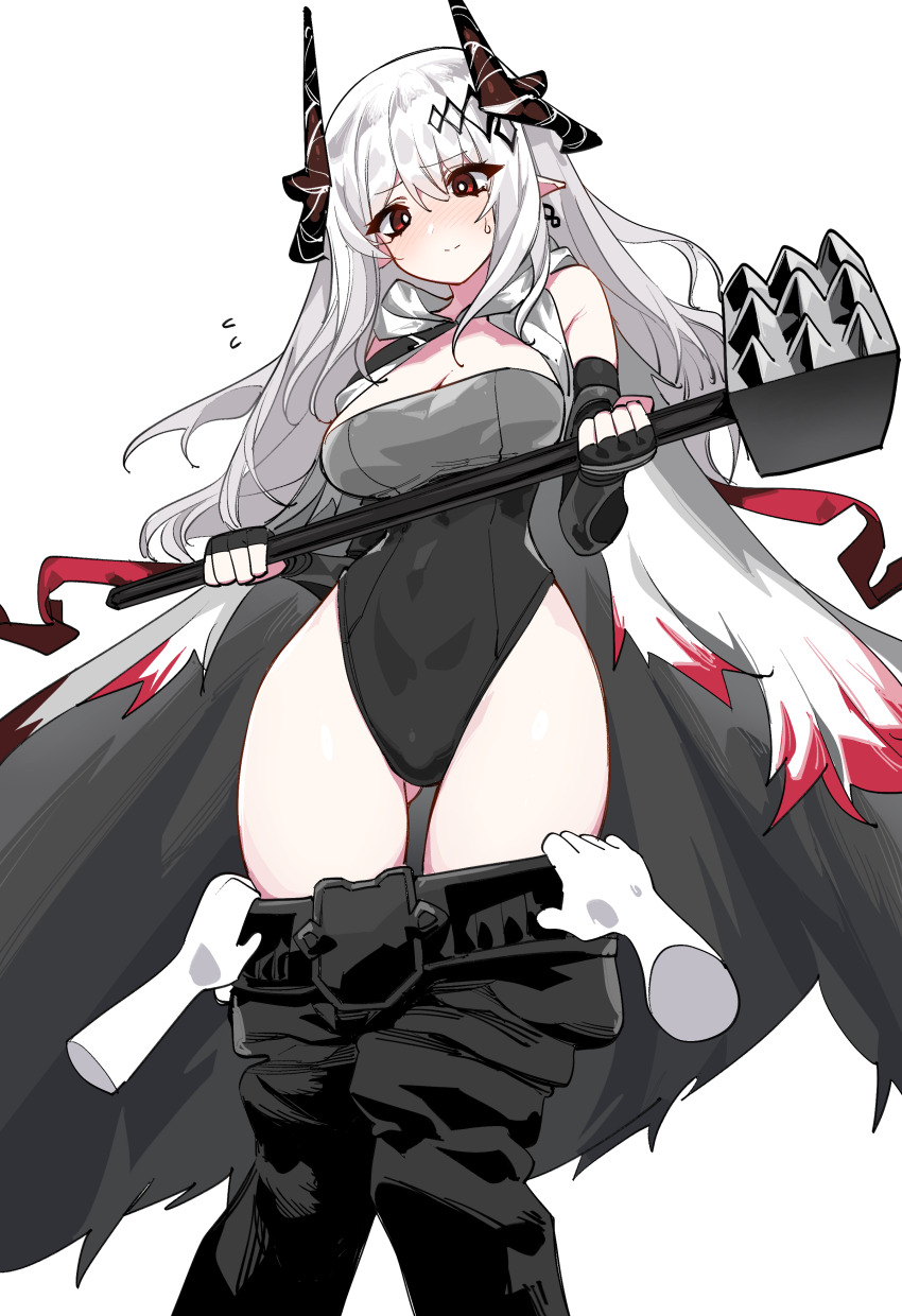1girl absurdres arknights bare_shoulders black_gloves black_horns black_leotard black_pants blush breasts cape cleavage clothes_pull commentary elbow_gloves fingerless_gloves gloves grey_cape hammer highres holding holding_hammer horns kinbakuman leotard long_hair medium_breasts mudrock_(arknights) mudrock_(rubble)_(arknights) pants pants_pull pointy_ears red_eyes solo sweatdrop white_hair