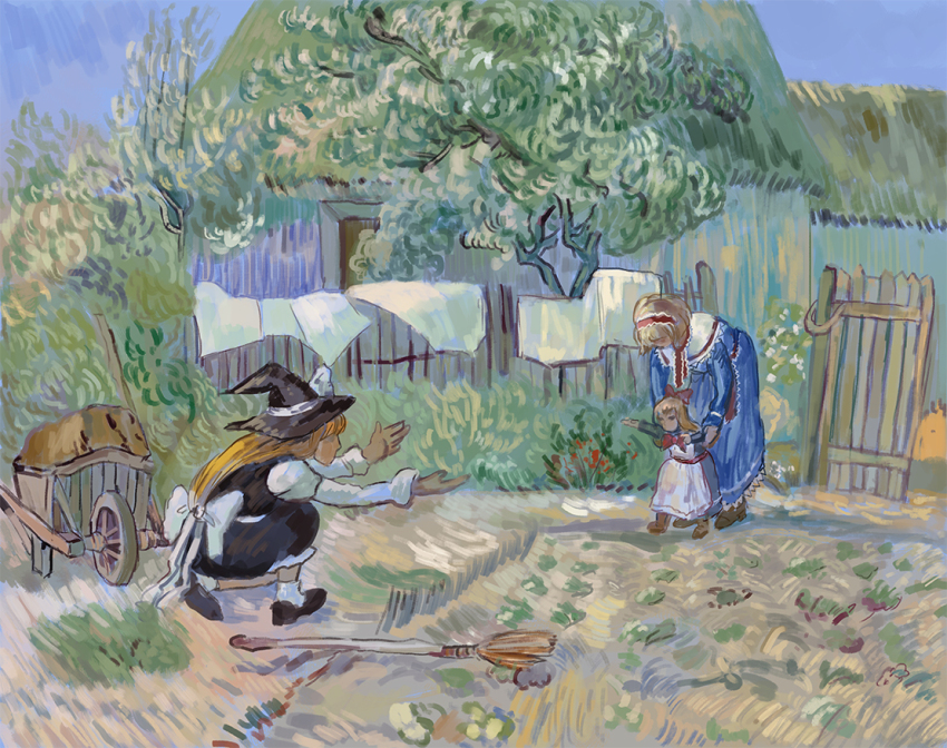 3girls alice_margatroid amibazh ascot back_bow black_dress black_shoes blue_dress bow broom brown_shoes crops day dress faux_traditional_media fence fine_art_parody grass hairband hat hut kirisame_marisa multiple_girls outdoors parody red_ascot red_hairband shanghai_doll shoes touhou towel tree wheelbarrow white_dress witch_hat