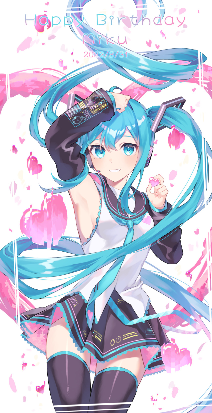 1girl absurdres ahoge aqua_eyes aqua_hair aqua_necktie armpits black_skirt blush boots breasts commentary detached_sleeves hair_between_eyes hair_ornament happy_birthday hatsune_miku headphones heart highres holding holding_heart kurobikari long_hair long_sleeves looking_at_viewer medium_breasts necktie open_mouth pleated_skirt shirt simple_background skirt sleeveless sleeveless_shirt smile solo thigh_boots thighhighs twintails vocaloid white_background white_shirt zettai_ryouiki